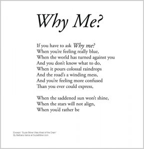 Image and text of "Why Me" poem from children's poetry book "Suzie Bitner Was Afraid of the Drain" by Barbara Vance