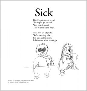 Image and text of "Sick" poem from children's poetry book "Suzie Bitner Was Afraid of the Drain" by Barbara Vance