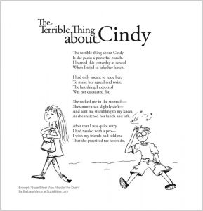 Image of "The Terrible Thing About Cindy" poem from children's poetry book "Suzie Bitner Was Afraid of the Drain" by Barbara Vance