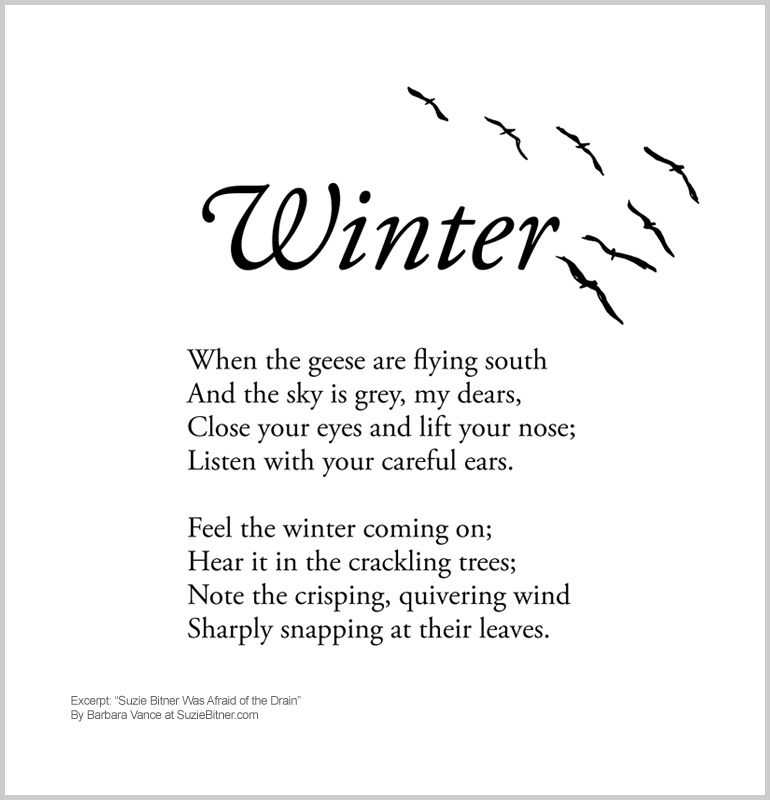 Image and text of "Winter" poem from children's poetry book "Suzie Bitner Was Afraid of the Drain" by Barbara Vance